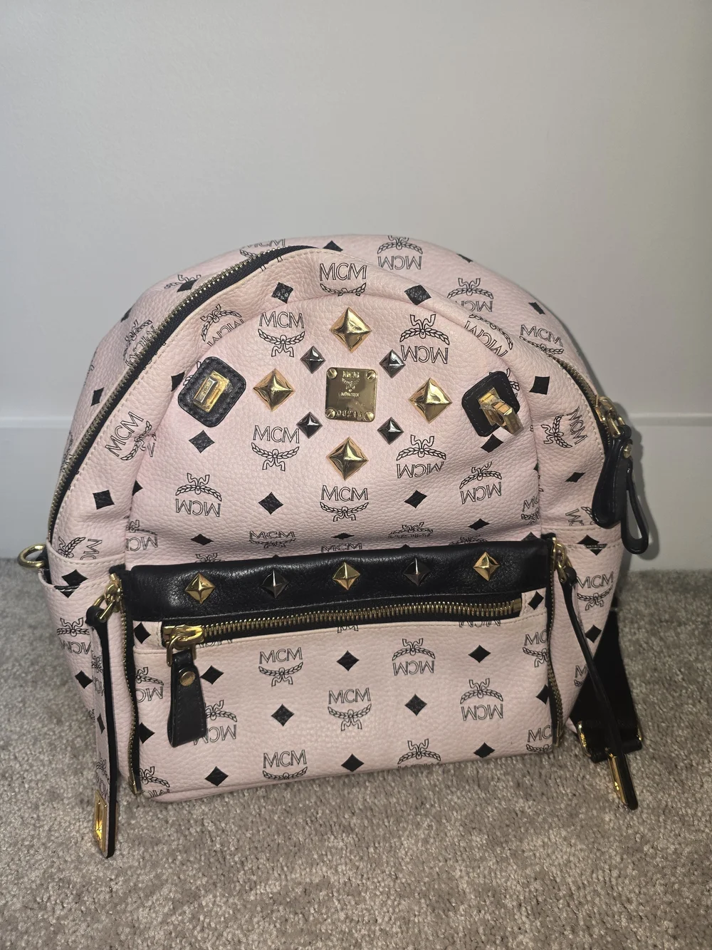 MCM Pink Visetos Studded Leather Backpack